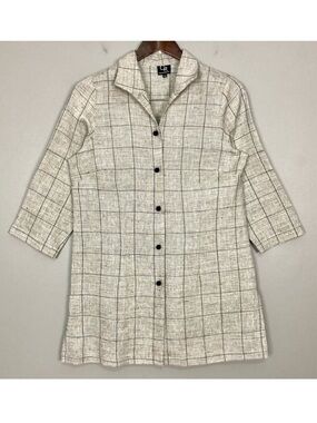 Connie Roberson Woven Linen Tunic Top Women’s Size XS Button Front Grid Plaid